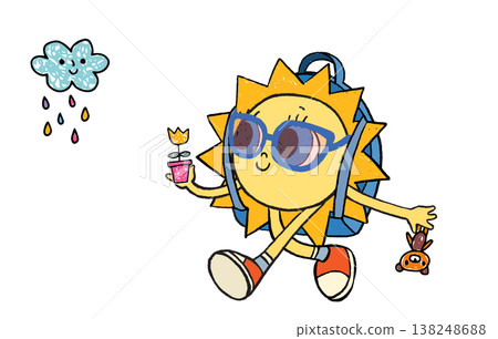 Back to school retro groovy vector sun character with a backpack, holding a flower in a pot and a teddy bear, walking to school, cute education concept or weather illustration Back to school retro groovy vector sun character with a backpack, holding a flower in a pot and a teddy bear, walking to school, cute education concept or weather illustration 138248688