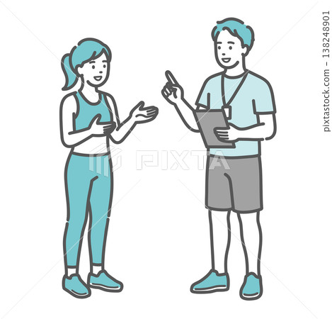 插圖描繪了一位微笑的女性正在接受一位男性教練(私人教練)的指導。 插圖描繪了一位微笑的女性正在接受一位男性教練(私人教練)的指導。 138248901