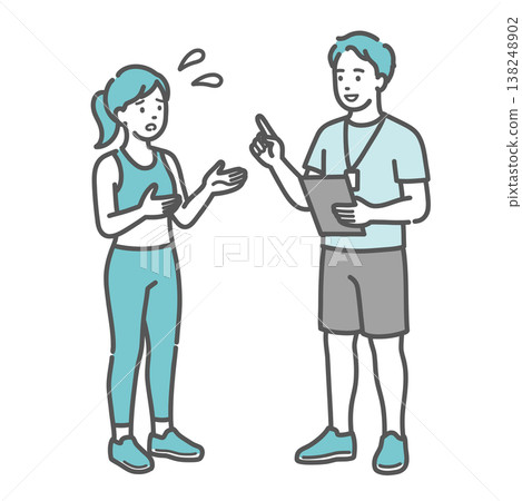An illustration of a woman with a troubled expression consulting a male instructor (personal trainer). An illustration of a woman with a troubled expression consulting a male instructor (personal trainer). 138248902