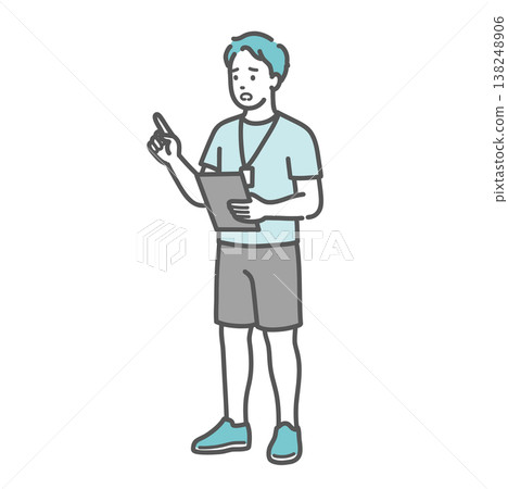 An illustration of a male instructor with a troubled expression giving an explanation and warning. 138248906
