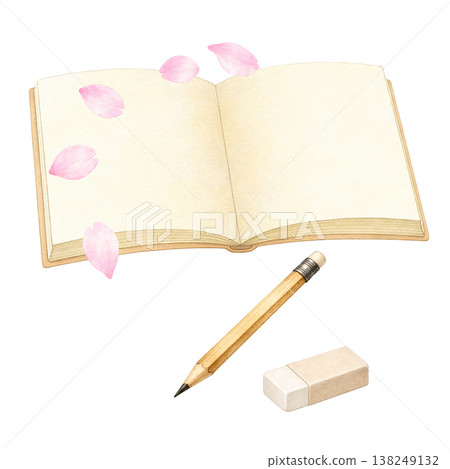 Simple design featuring a notebook, pencil, and eraser; a spring theme inspired by learning and stationery; white background. 138249132
