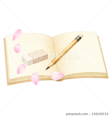 筆記本和鉛筆的簡單圖片；學習和春天的自然景象；白色背景。 138249133