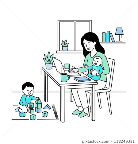 Business professionals balancing remote work and childcare 138249381