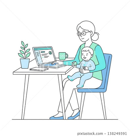 Business professionals balancing remote work and childcare Business professionals balancing remote work and childcare 138249391