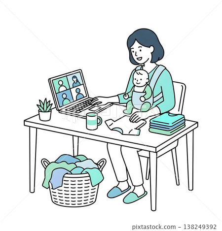 Business professionals balancing remote work and childcare Business professionals balancing remote work and childcare 138249392