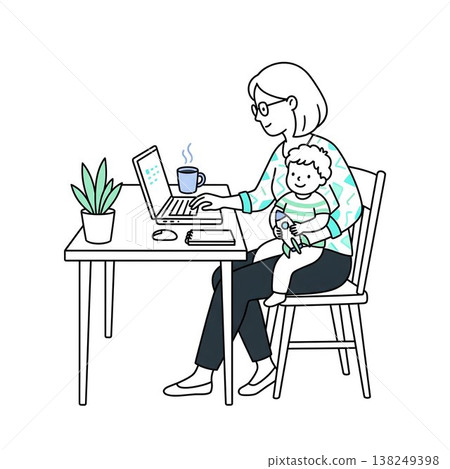 Business professionals balancing remote work and childcare Business professionals balancing remote work and childcare 138249398