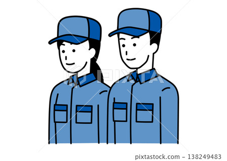 A man and a woman in overalls are facing straight ahead. 138249483