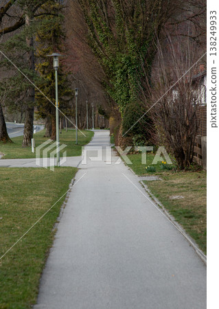 Village footpath lined with hedges and early spring greenery in Bavaria 138249933