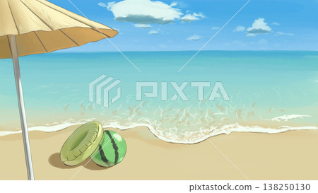 手繪的海灘插圖,畫面有海、遮陽傘、西瓜形狀的沙灘球和救生圈。 手繪的海灘插圖,畫面有海、遮陽傘、西瓜形狀的沙灘球和救生圈。 138250130