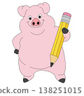 Cute pink pig holding pencil cartoon illustration isolated background simple 138251015