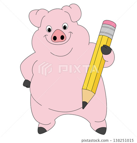 Cute pink pig holding pencil cartoon illustration isolated background simple Cute pink pig holding pencil cartoon illustration isolated background simple 138251015