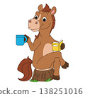 Cute horse reading book holding coffee cartoon illustration isolated 138251016