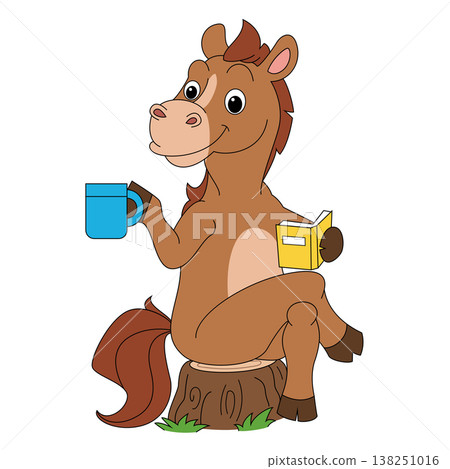 Cute horse reading book holding coffee cartoon illustration isolated Cute horse reading book holding coffee cartoon illustration isolated 138251016