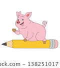 Cute pink pig sitting on pencil illustration isolated background simple 138251017