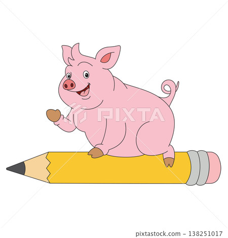 Cute pink pig sitting on pencil illustration isolated background simple Cute pink pig sitting on pencil illustration isolated background simple 138251017