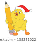 Cute chick holding pencil wearing Santa hat cartoon illustration 138251022