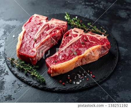 T-bone steaks against a dark backdrop 138251192