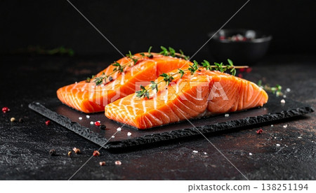 Salmon slices sashimi with thyme on a rustic slate platter against a dark backdrop Salmon slices sashimi with thyme on a rustic slate platter against a dark backdrop 138251194