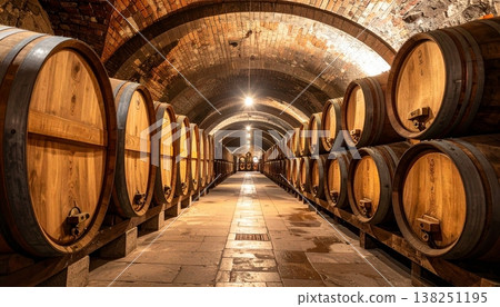 View of oak wine barrels stored in a traditional cellar 138251195