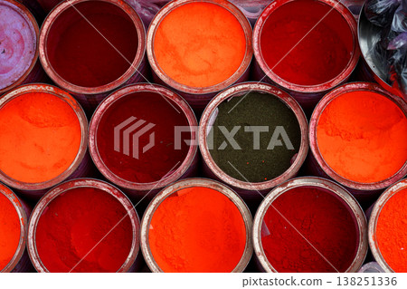 Top View of Traditional Sindoor and Vermilion Powder Piles in Metal Cans at Gangasagar Transit Camp 138251336