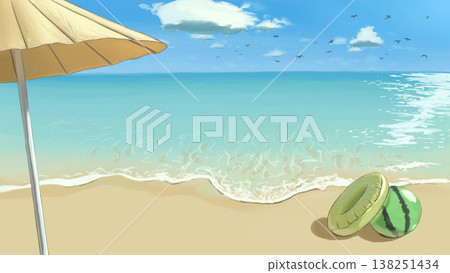 A hand-drawn scene of a dazzlingly bright summer beach, complete with parasols and a watermelon beach ball. A hand-drawn scene of a dazzlingly bright summer beach, complete with parasols and a watermelon beach ball. 138251434