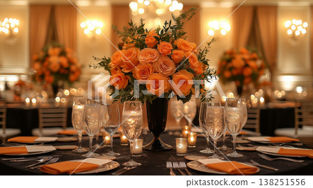以橙花裝飾的豪華婚禮宴會場地餐桌佈置。 138251556