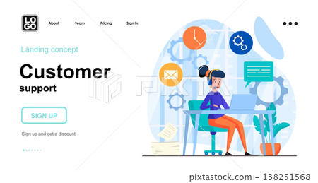 Customer support web concept. Call center operator advises clients, online communication, hotline. Template of people scene. Vector illustration with character activities in flat design for website Customer support web concept. Call center operator advises clients, online communication, hotline. Template of people scene. Vector illustration with character activities in flat design for website 138251568