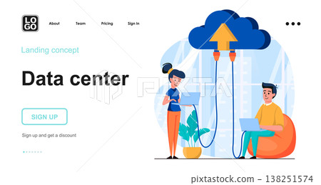 Data server web concept. Man and woman works on laptops using cloud storage or computing technology. Template of people scene. Vector illustration with character activities in flat design for website Data server web concept. Man and woman works on laptops using cloud storage or computing technology. Template of people scene. Vector illustration with character activities in flat design for website 138251574