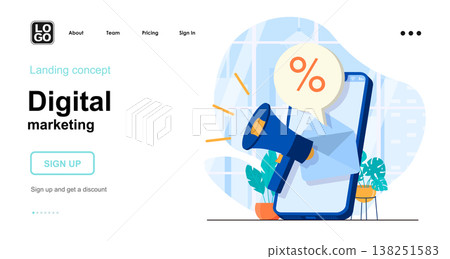 Digital marketing web concept. Advertising campaign, business promotion, networking strategy. Template of people scene. Vector illustration with character activities in flat design for website Digital marketing web concept. Advertising campaign, business promotion, networking strategy. Template of people scene. Vector illustration with character activities in flat design for website 138251583