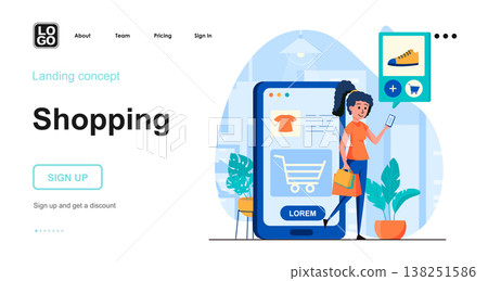 Shopping web concept. Woman makes purchases choosing clothes and shoes in mobile application. Template of people scene. Vector illustration with character activities in flat design for website Shopping web concept. Woman makes purchases choosing clothes and shoes in mobile application. Template of people scene. Vector illustration with character activities in flat design for website 138251586