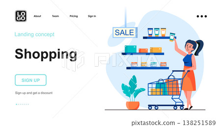 Shopping web concept. Woman buys cosmetics in store on sale. Buyer makes purchases at supermarket. Template of people scene. Vector illustration with character activities in flat design for website 138251589