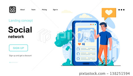 Social network web concept. Man uses social media, looks scrolling feed, likes photos, comment posts. Template of people scene. Vector illustration with character activities in flat design for website 138251594