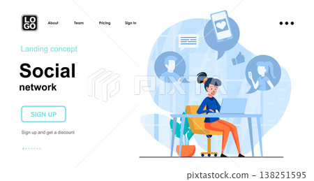 Social network web concept. Woman communicates online, comments posts, sends messages, likes photos. Template of people scene. Vector illustration with character activities in flat design for website 138251595