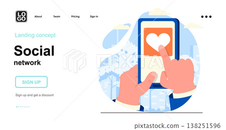 Social network web concept. User presses heart button and puts like posts on smartphone screen. Template of people scene. Vector illustration with character activities in flat design for website 138251596