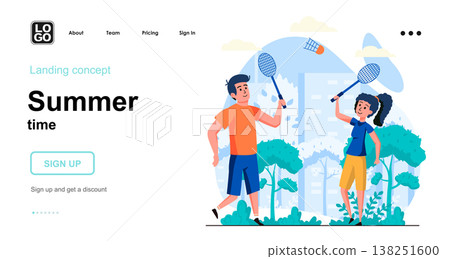Summer time web concept. Man and woman play tennis in city park, couple go in for sports together. Template of people scene. Vector illustration with character activities in flat design for website 138251600