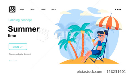 Summer time web concept. Woman relaxing on beach, sunbathing lying in sun lounger at seaside resort. Template of people scene. Vector illustration with character activities in flat design for website 138251601