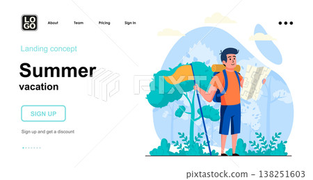 Summer vacation web concept. Man tourist with backpack looks at map, chooses route for hiking. Template of people scene. Vector illustration with character activities in flat design for website 138251603