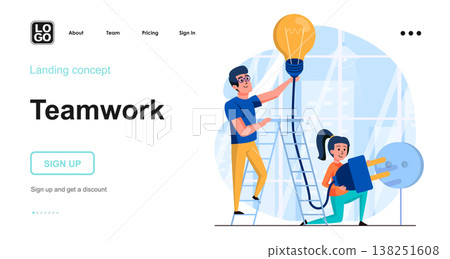 Teamwork web concept. Employees work together, complete work tasks, drive business innovation. Template of people scene. Vector illustration with character activities in flat design for website Teamwork web concept. Employees work together, complete work tasks, drive business innovation. Template of people scene. Vector illustration with character activities in flat design for website 138251608
