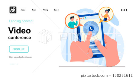 Video conference web concept. Man calls his friends or colleagues in group chat from mobile app. Template of people scene. Vector illustration with character activities in flat design for website Video conference web concept. Man calls his friends or colleagues in group chat from mobile app. Template of people scene. Vector illustration with character activities in flat design for website 138251611
