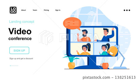 Video conference web concept. Video call on computer screen, virtual meeting, online communication. Template of people scene. Vector illustration with character activities in flat design for website Video conference web concept. Video call on computer screen, virtual meeting, online communication. Template of people scene. Vector illustration with character activities in flat design for website 138251613