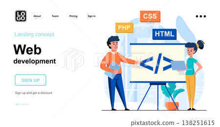 Web development web concept. Team of programmers coding code, work with different program languages. Template of people scene. Vector illustration with character activities in flat design for website Web development web concept. Team of programmers coding code, work with different program languages. Template of people scene. Vector illustration with character activities in flat design for website 138251615