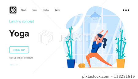 Yoga web concept. Woman practicing asanas and balance training, doing fitness in gym. Sports workout. Template of people scene. Vector illustration with character activities in flat design for website Yoga web concept. Woman practicing asanas and balance training, doing fitness in gym. Sports workout. Template of people scene. Vector illustration with character activities in flat design for website 138251619