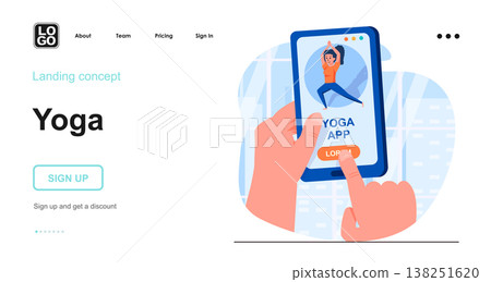 Yoga web concept. User trains using mobile application, yoga asanas online, fitness in smartphone. Template of people scene. Vector illustration with character activities in flat design for website 138251620