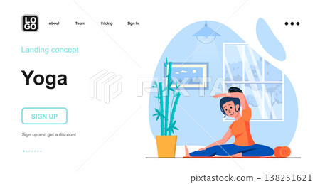 Yoga web concept. Woman practicing asanas, doing fitness training at home. Sport healthy lifestyle. Template of people scene. Vector illustration with character activities in flat design for website Yoga web concept. Woman practicing asanas, doing fitness training at home. Sport healthy lifestyle. Template of people scene. Vector illustration with character activities in flat design for website 138251621