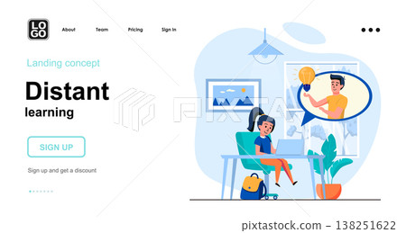 Distant learning web concept. Girl student doing homework, watching video lessons, home e-learning. Template of people scene. Vector illustration with character activities in flat design for website 138251622