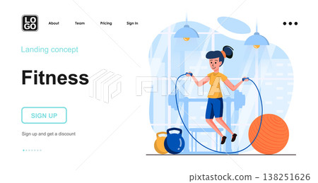 Fitness web concept. Woman is jumping rope in gym. Sport exercising, cardio workout, training. Template of people scene. Vector illustration with character activities in flat design for website Fitness web concept. Woman is jumping rope in gym. Sport exercising, cardio workout, training. Template of people scene. Vector illustration with character activities in flat design for website 138251626