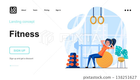 Fitness web concept. Woman is exercising with pilates ball in gym. Sport training, workout, wellness. Template of people scene. Vector illustration with character activities in flat design for website 138251627