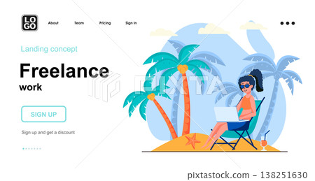 Freelance work web concept. Woman freelancer working on laptop relaxing on beach. Remote worker. Template of people scene. Vector illustration with character activities in flat design for website Freelance work web concept. Woman freelancer working on laptop relaxing on beach. Remote worker. Template of people scene. Vector illustration with character activities in flat design for website 138251630