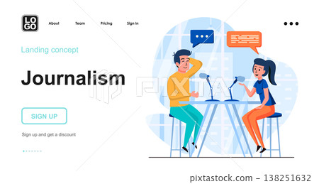 Journalism web concept. Man and woman talking in live broadcast, interview recording at studio. Template of people scene. Vector illustration with character activities in flat design for website 138251632