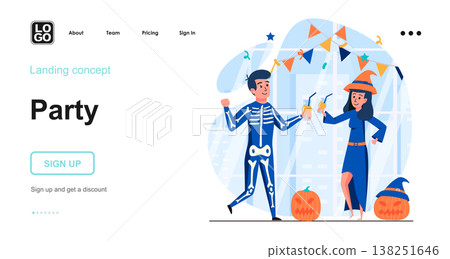 Halloween party web concept. Man and woman in festive costumes. Couple celebrating holiday event. Template of people scene. Vector illustration with character activities in flat design for website Halloween party web concept. Man and woman in festive costumes. Couple celebrating holiday event. Template of people scene. Vector illustration with character activities in flat design for website 138251646